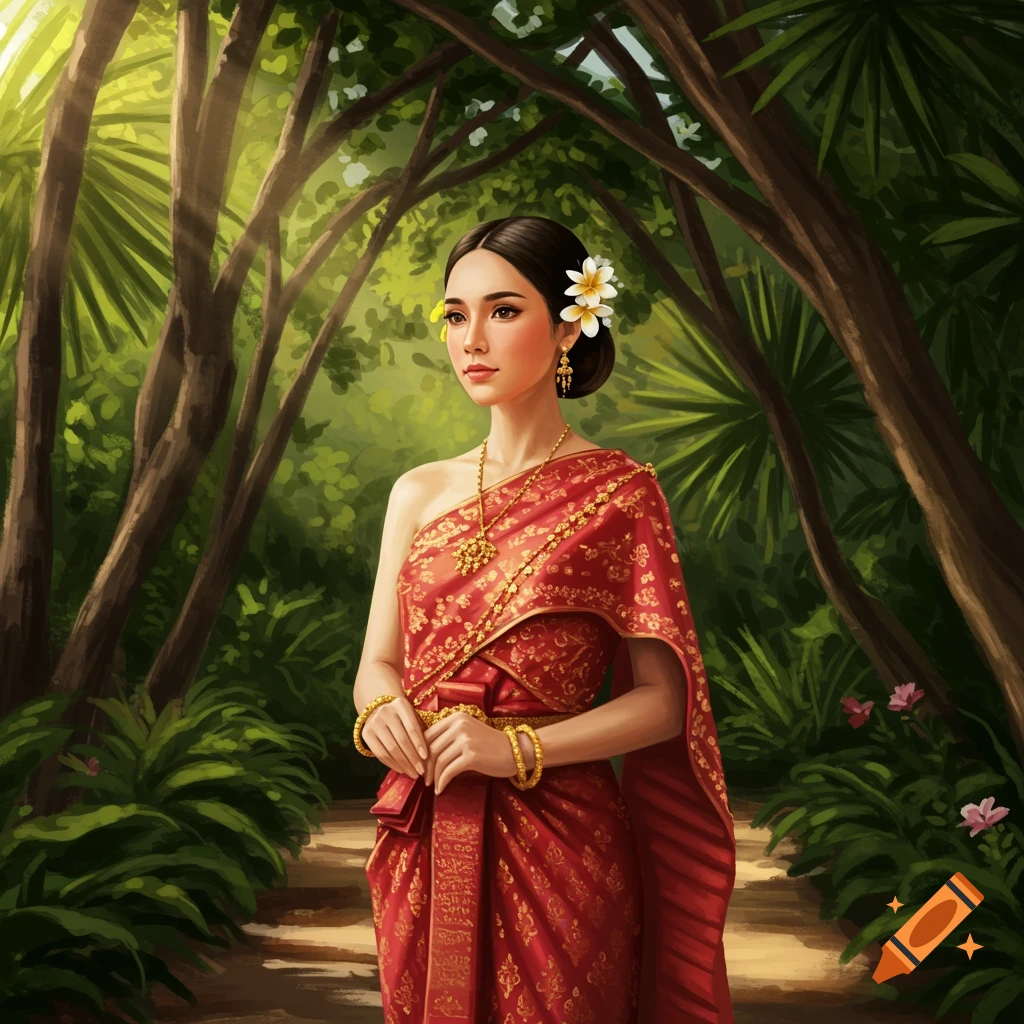A woman in a vibrant red traditional Thai dress adorned with gold stands in a lush green jungle, bathed in sunlight.