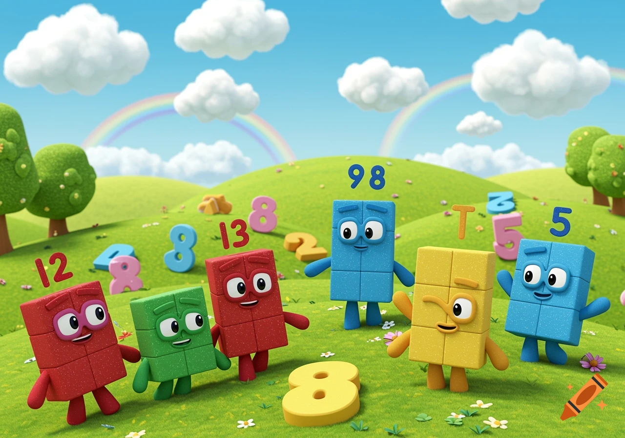 Colorful animated block characters and numbers are scattered across a green hill with trees, clouds, and rainbows.