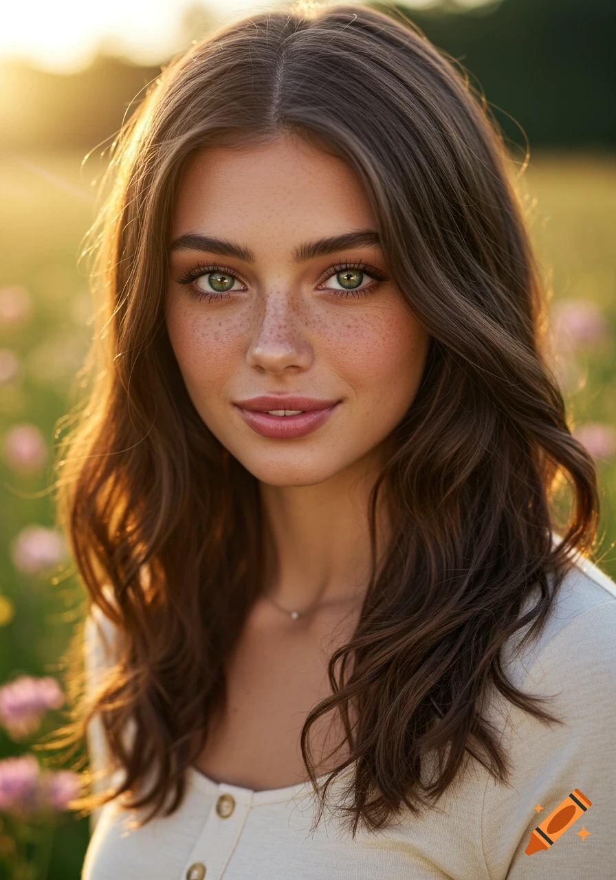 Photorealistic portrait of a young woman with brown hair, green eyes, and freckles, smiling gently outdoors at golden hour.