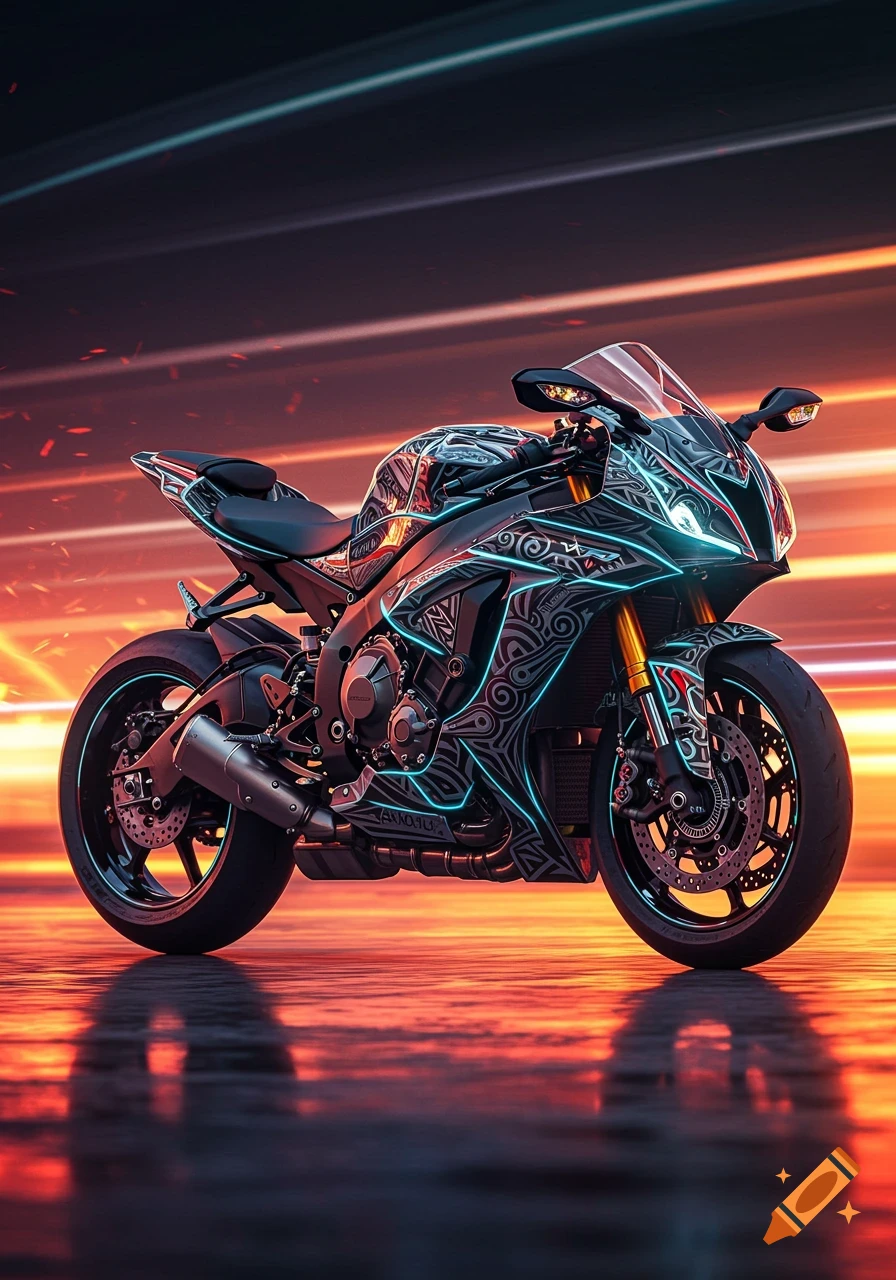 A black sport bike with glowing blue tribal patterns on a reflective surface, set against an orange and blue gradient background.