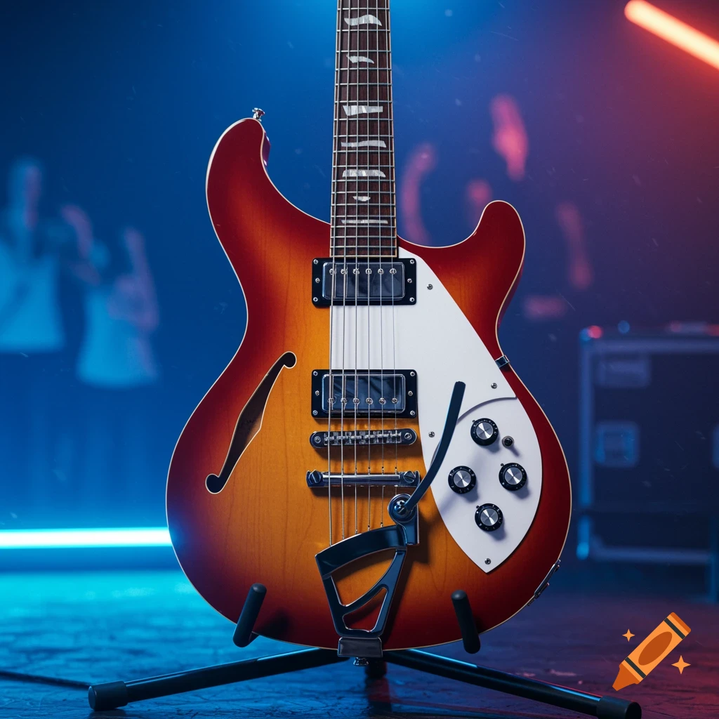 A red and orange sunburst hybrid electric guitar on a stand on a dark stage with blue and red lighting.