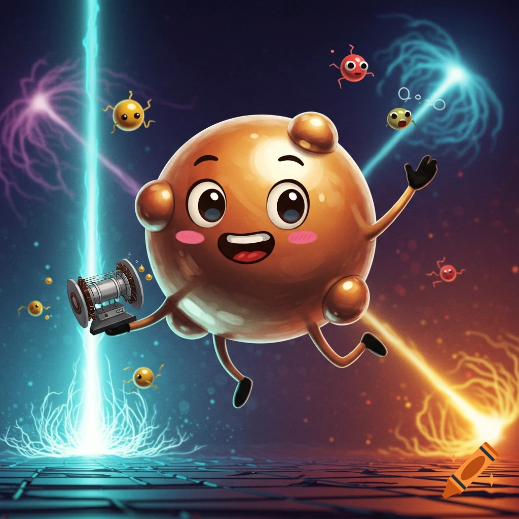 A happy, cute cartoon particle mascot holding a device, surrounded by colorful light beams and smaller particles in a futuristic setting.
