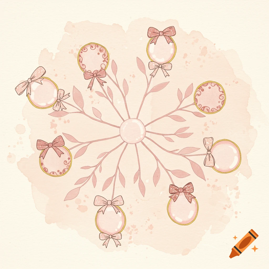 A whimsical pink and gold decorative illustration resembling a mind map with bows and watercolor texture.