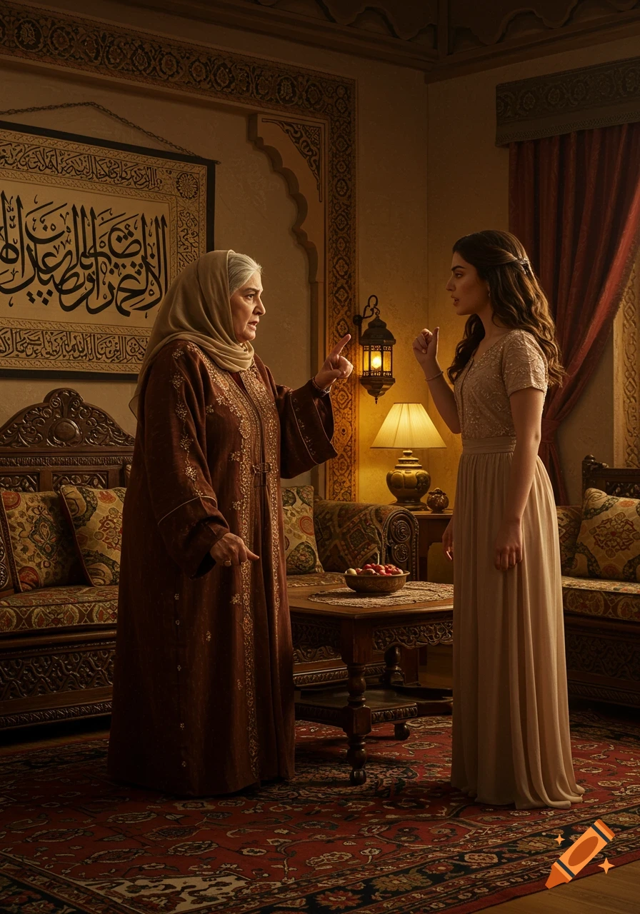 An older woman in a headscarf and brown robe gestures at a younger woman in a light dress in a richly decorated Middle Eastern room, both appearing to argue.