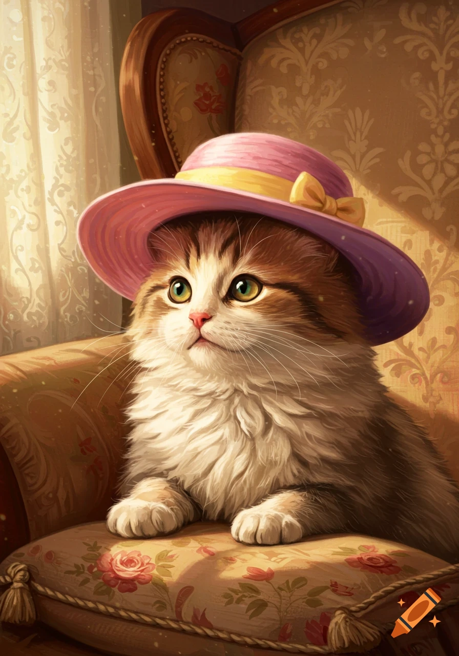 A fluffy cat with green eyes wears a pink hat with a yellow ribbon, sitting on an ornate chair in a warm, illustrative style.