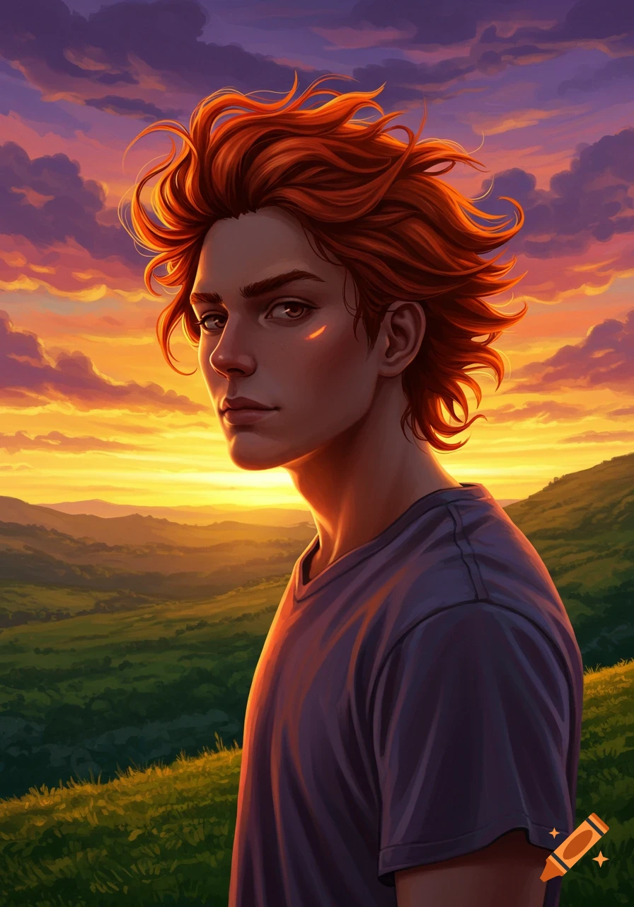 A stylized portrait of a young man with fiery orange hair looking over a vibrant sunset landscape.