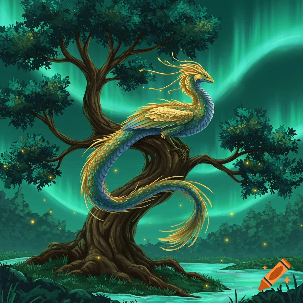 A golden and teal feathered dragon perched on a large tree at night, with a green aurora borealis in the sky above a river.