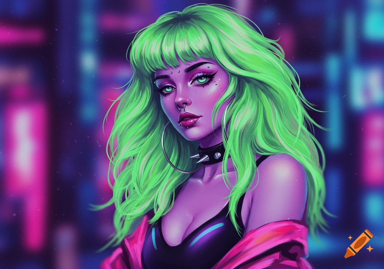 A stylized portrait of a woman with neon green hair, facial piercings, and a black top, set against a blurred neon city background.