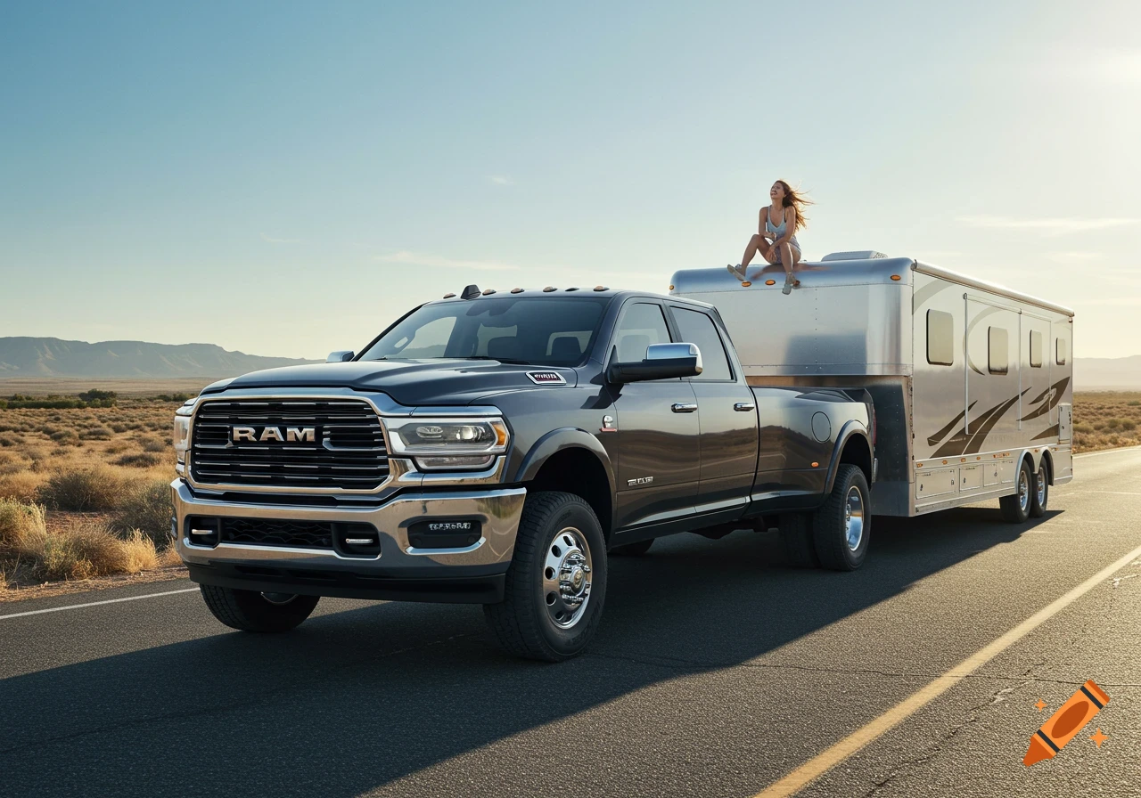 A dark gray dually Ram 3500 pickup truck with a gooseneck trailer is parked on a road, with a woman sitting on top of the trailer. The scene is set in a sunny, arid landscape with mountains in the distance.