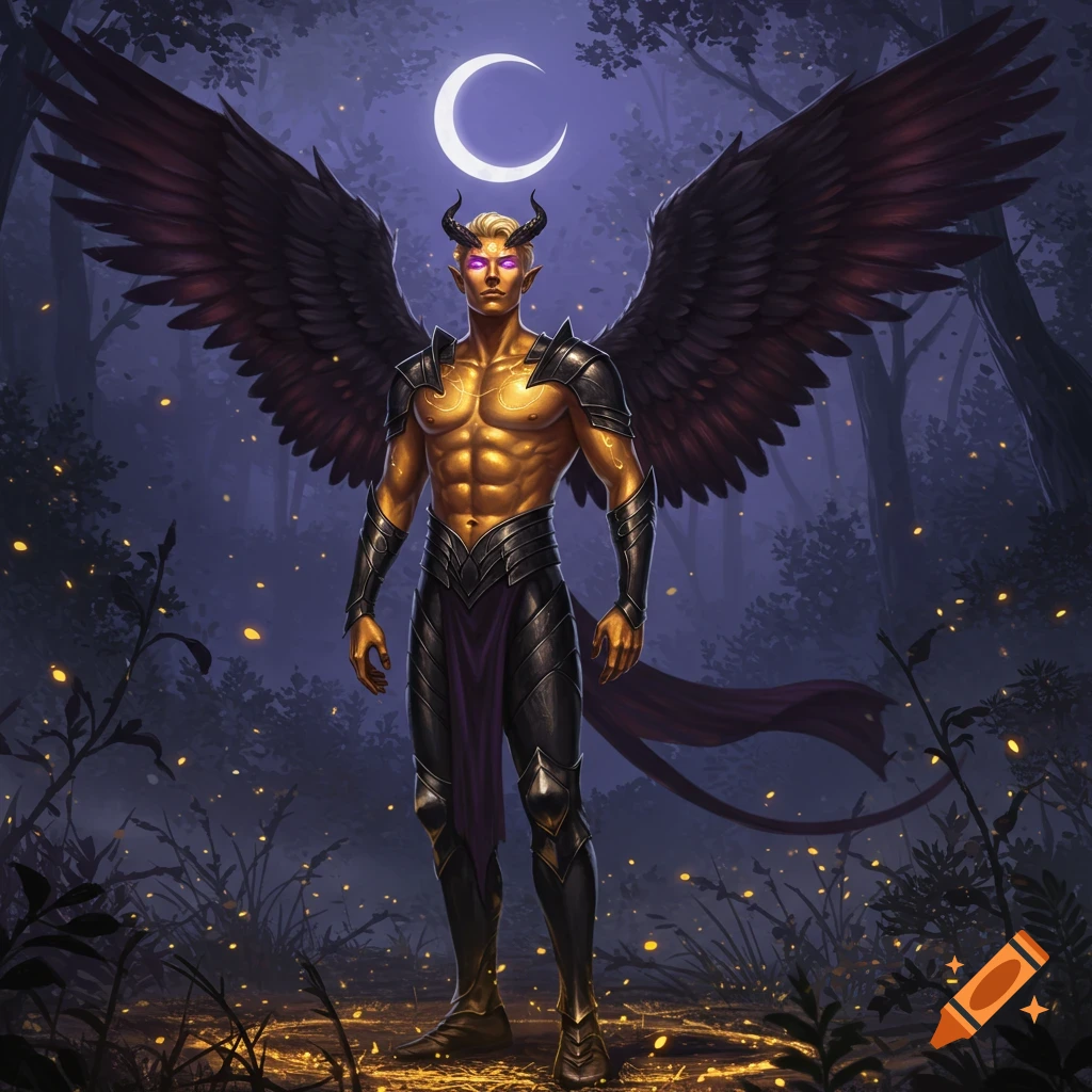 A golden-skinned male fantasy character with large black wings, horns, and violet eyes stands in a dark forest under a crescent moon.