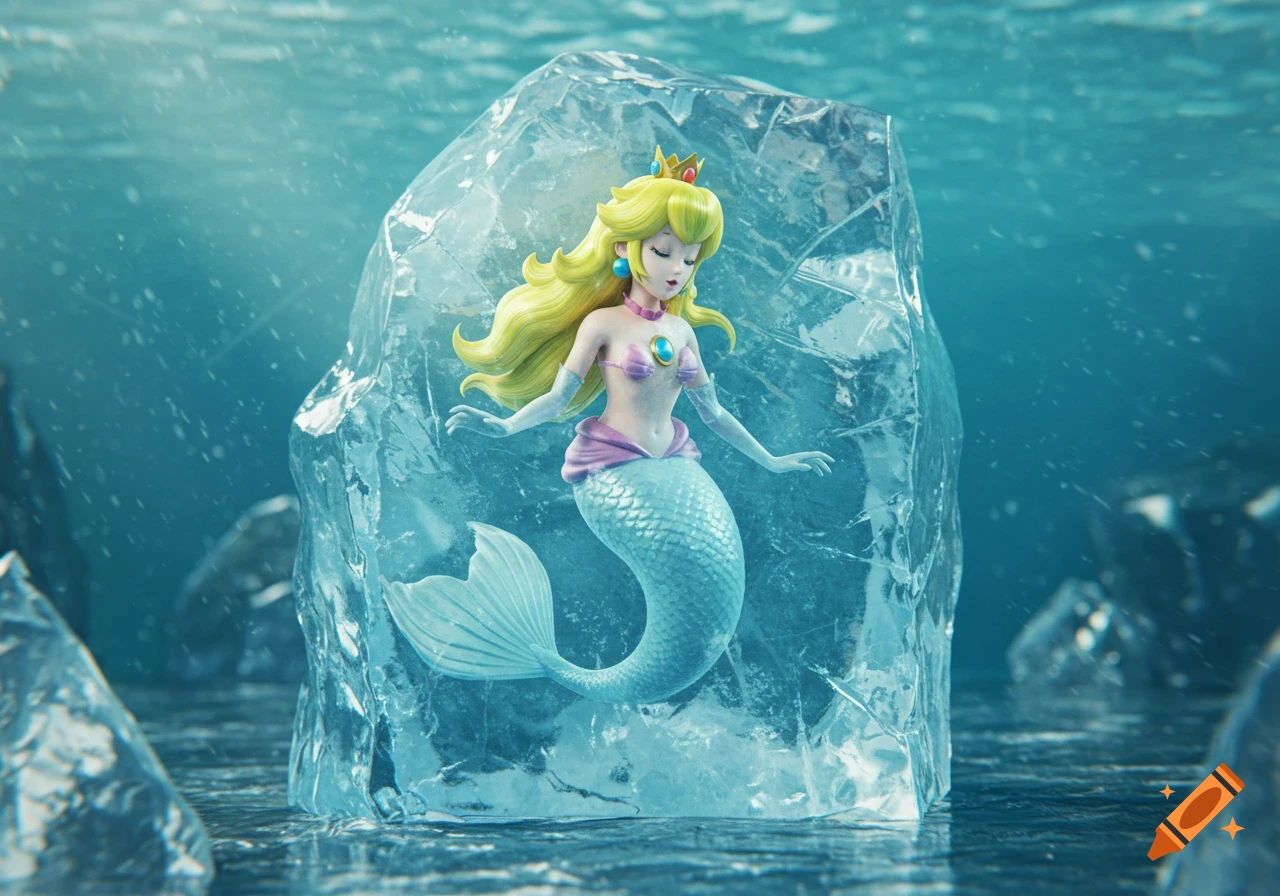 Mermaid Princess Peach frozen inside a large block of ice underwater with light filtering through.