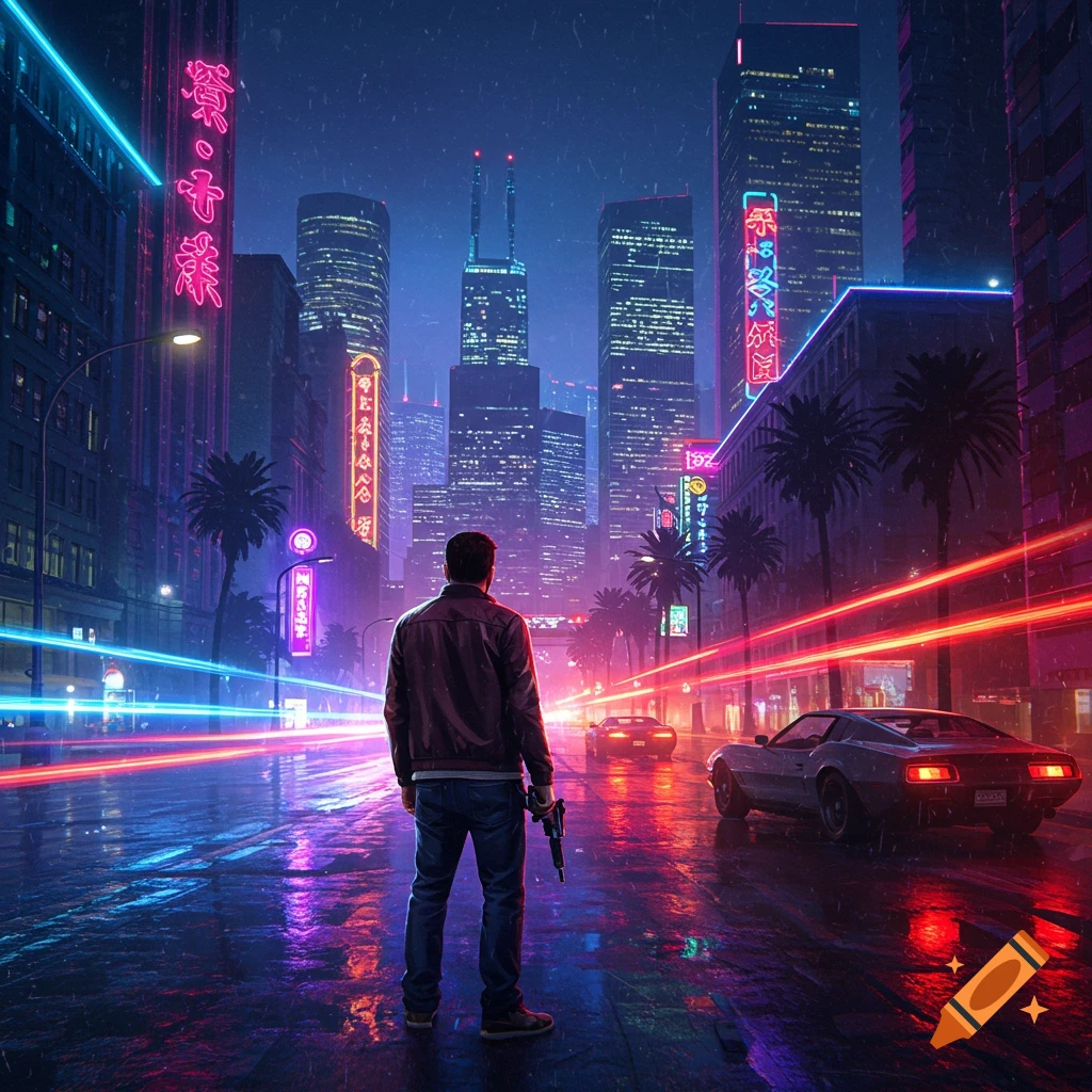 A man with a gun stands on a wet city street at night, facing a neon-lit cityscape with bright light trails from cars, in a cyberpunk style.