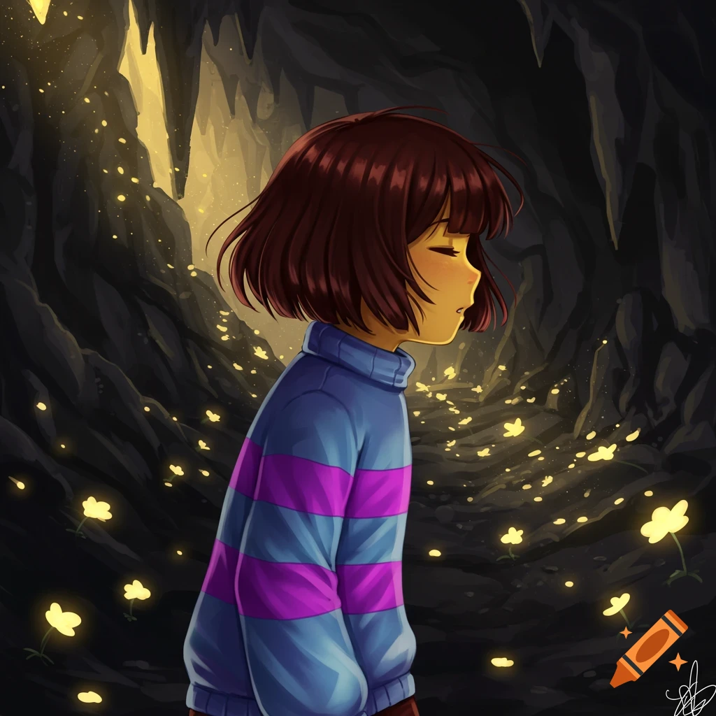 Anime-style Frisk walks through a dark cave illuminated by glowing yellow flowers.