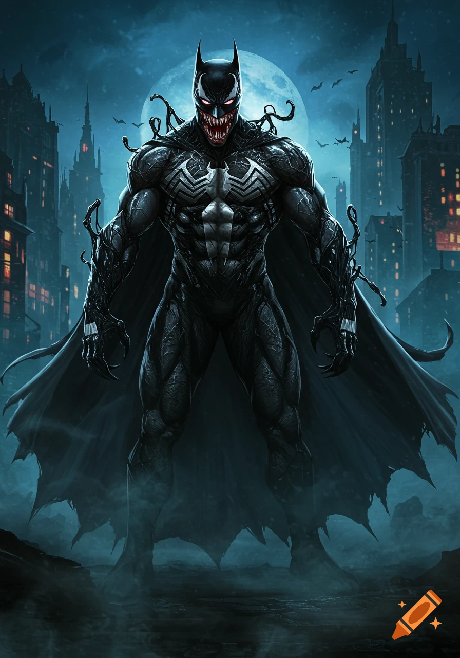 A menacing Venom and Batman hybrid character stands in a dark city under a full moon in a detailed comic art style.