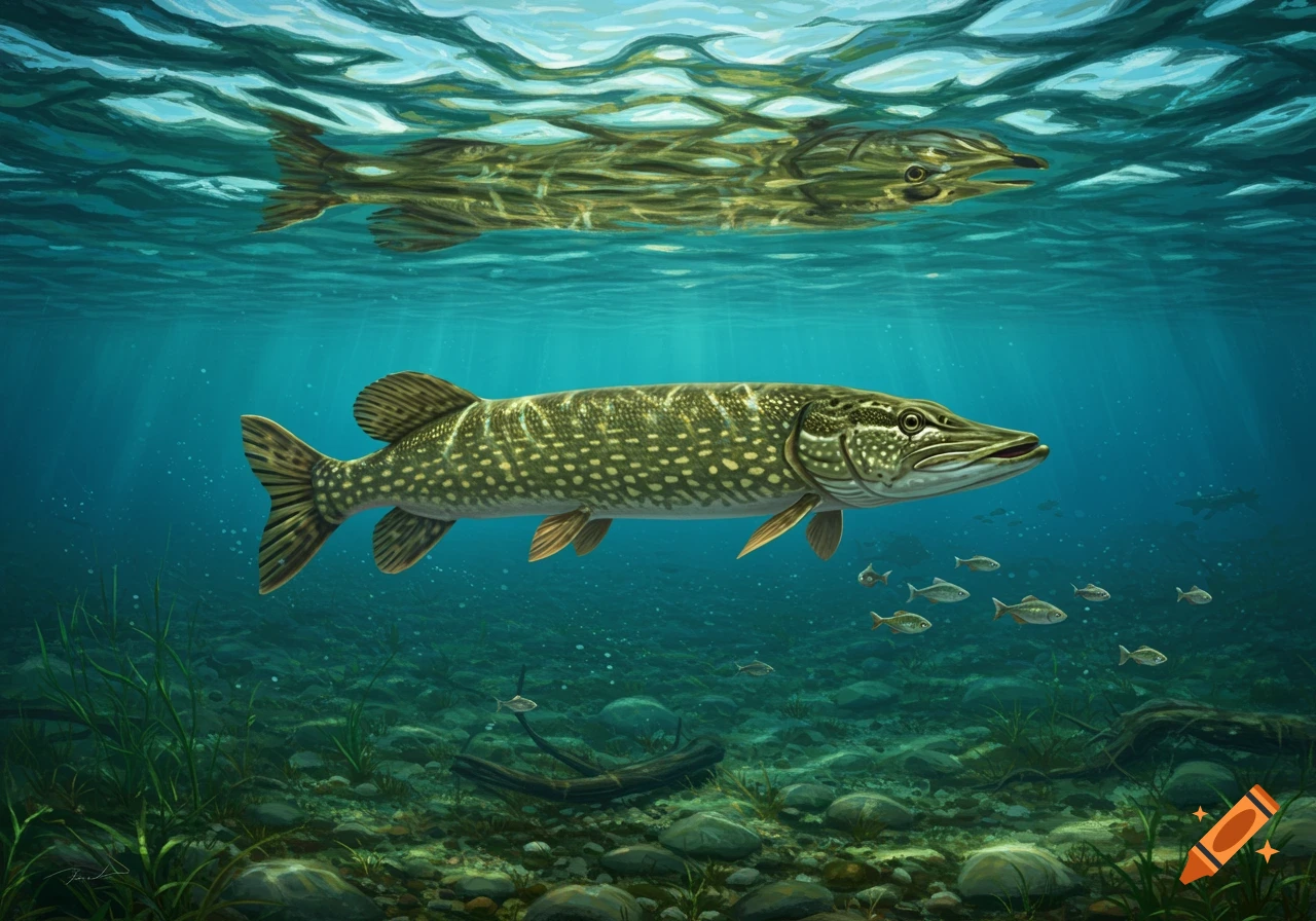 A detailed illustration of a large northern pike swimming underwater, with smaller fish and rocks on the lakebed.