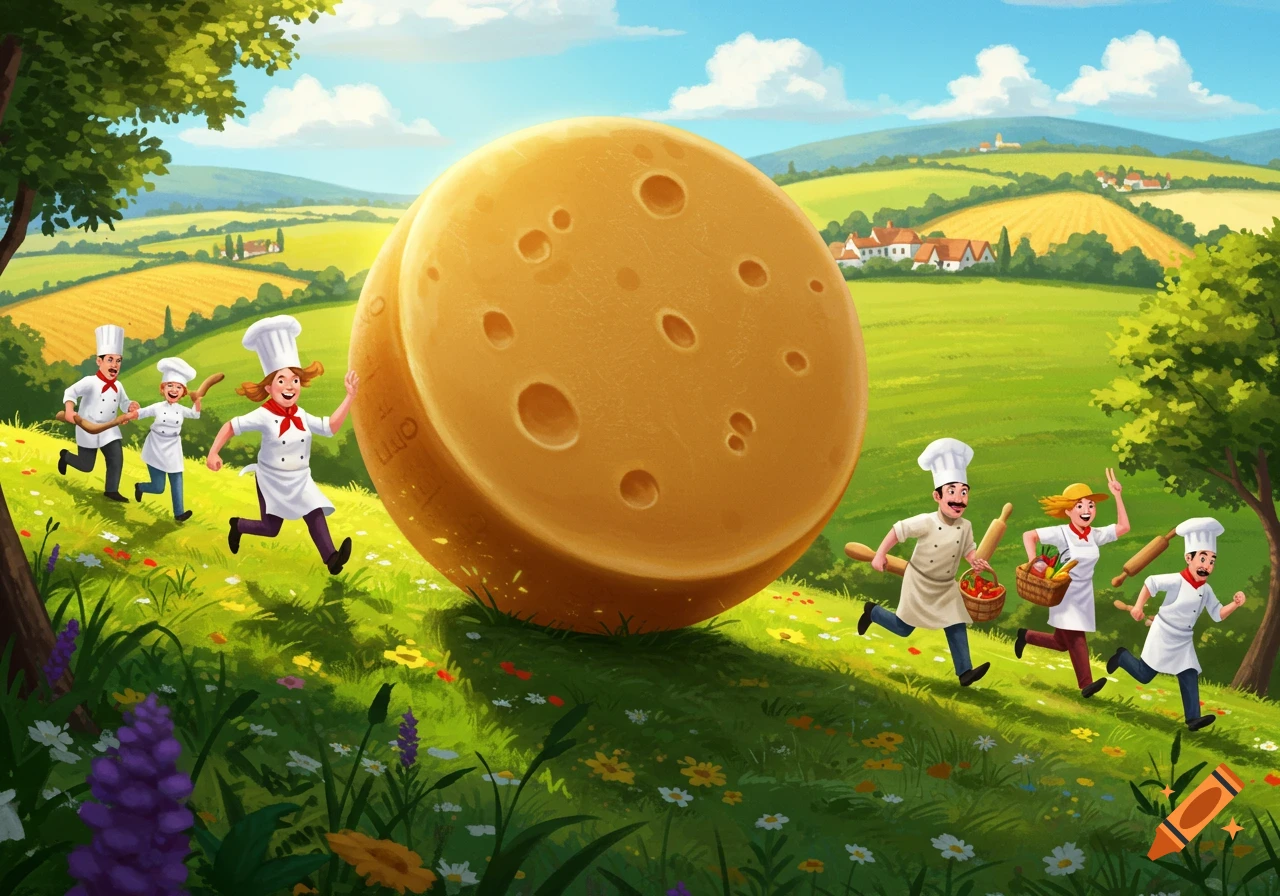 Cartoon illustration of chefs chasing a giant cheese wheel rolling down a green, flowery hill.