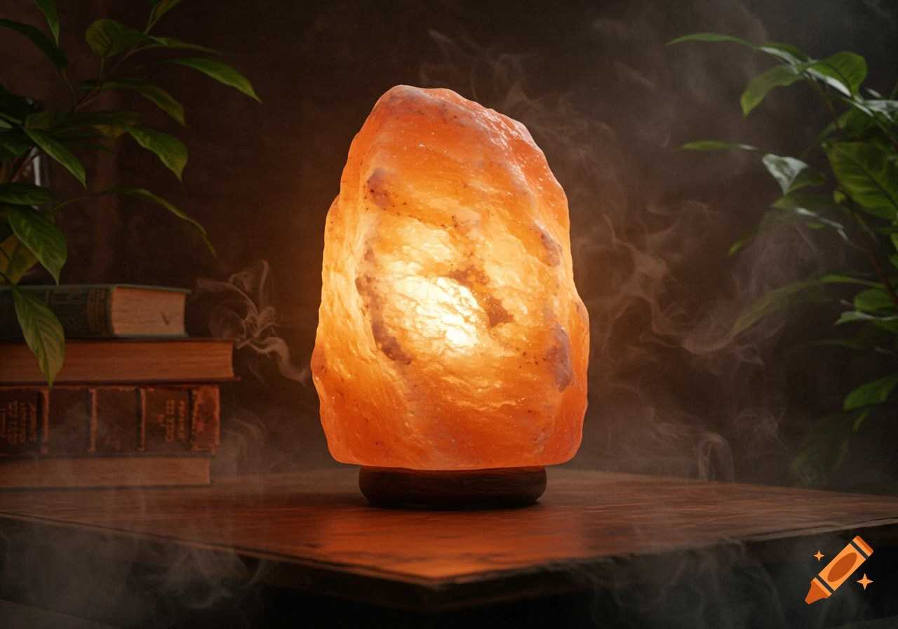 A glowing, extra-large Himalayan salt lamp sits on a wooden table with stacked books and green plants in a warm, ambient light.