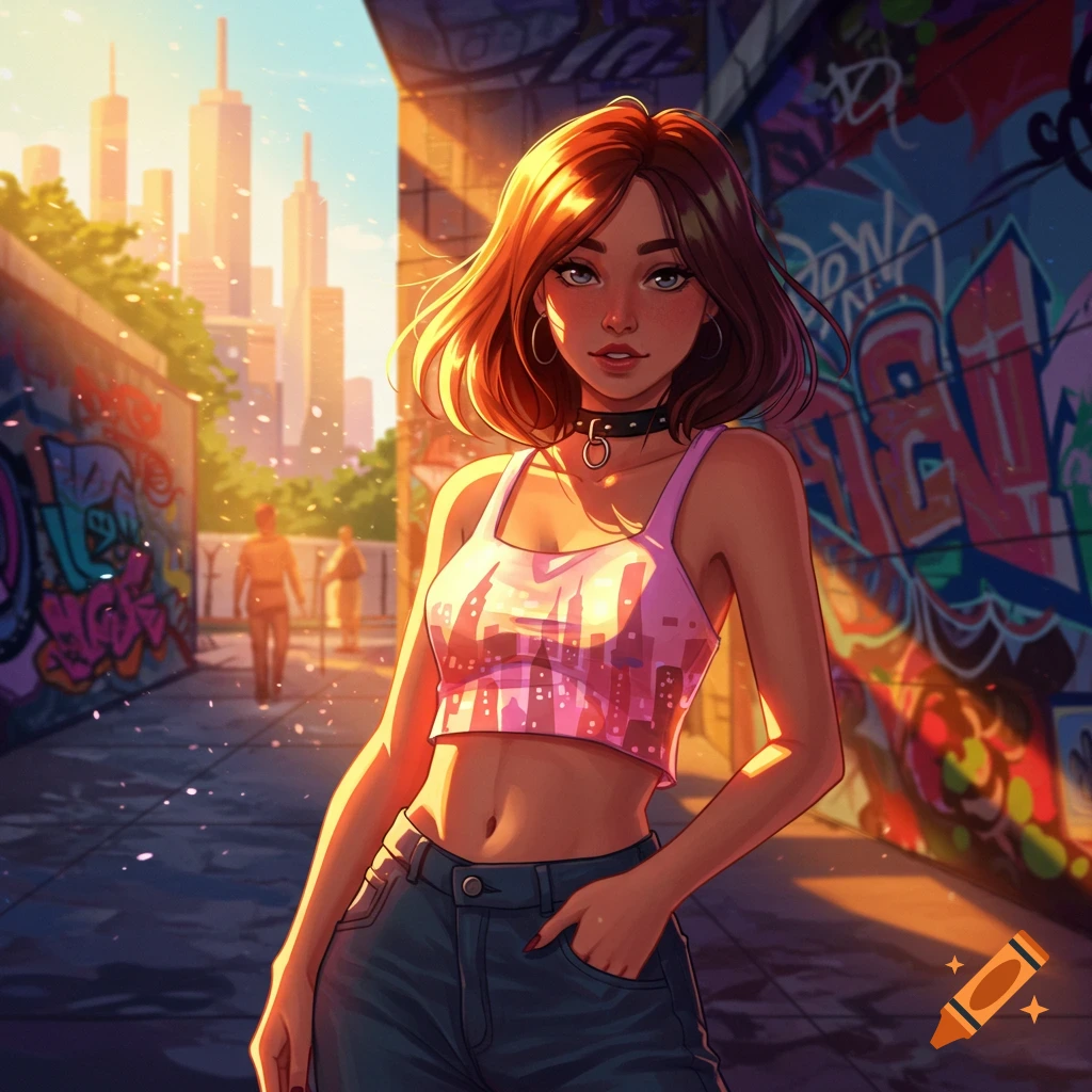 An anime-style young woman in a pink crop top and jeans stands in a graffiti-covered alley at sunset, with a city skyline in the background.
