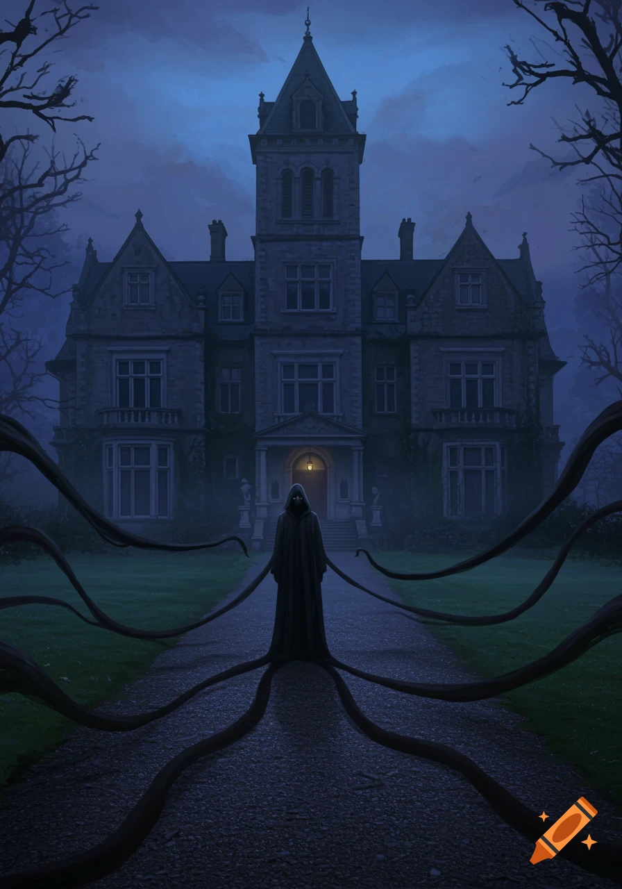 An eerie Victorian stately home at dusk, with a cloaked figure standing on a path in front, long shadows trailing from them.