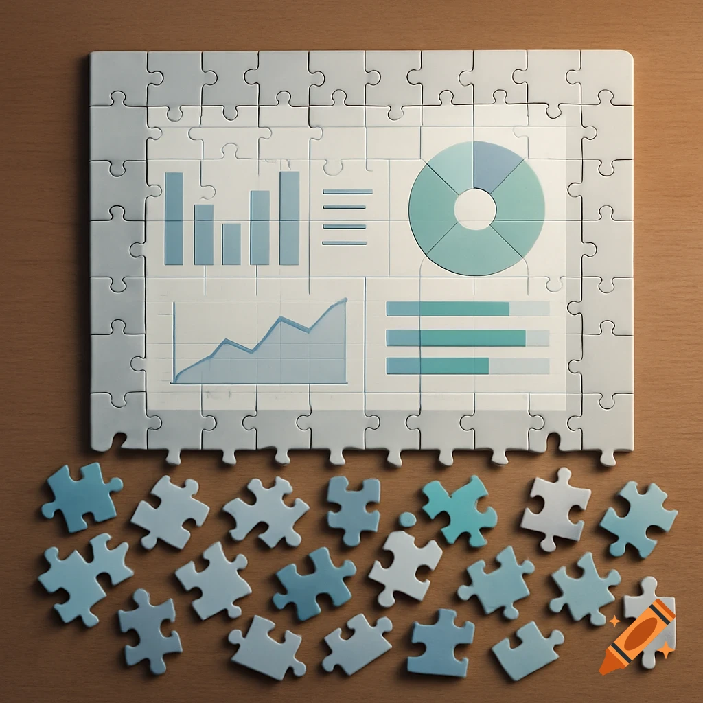 A puzzle with half its pieces assembled to form an analytics dashboard with charts, while the other half are scattered below on a wooden table.