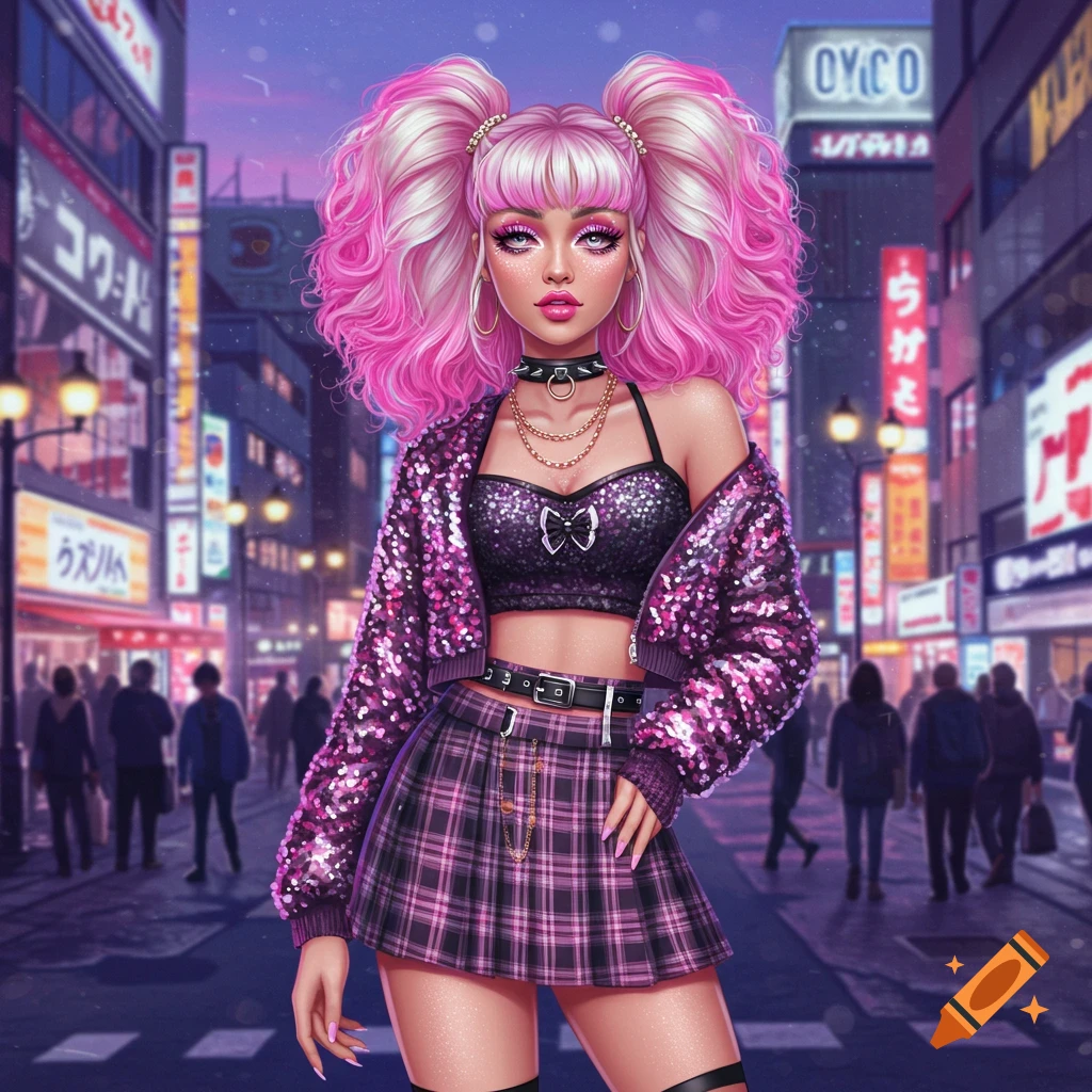 A vibrant illustration of a pink-haired woman in gyaru fashion, wearing a sequined jacket and plaid skirt, standing on a neon-lit city street at dusk.