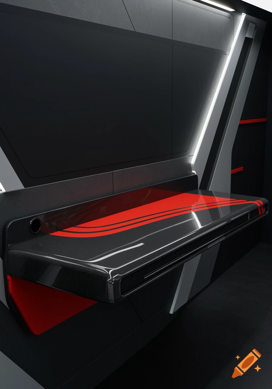 Wall-mounted desk with carbon fiber surface and red racing stripes in a modern, dark room with white LED lighting.