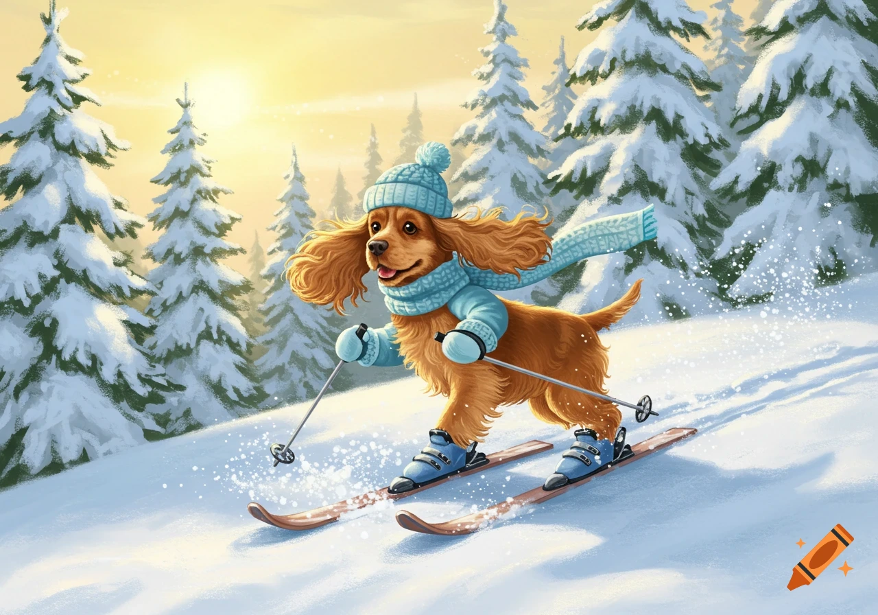 A cute cocker spaniel dog wearing a blue hat and scarf skis down a snowy slope with evergreen trees in the background during sunset.