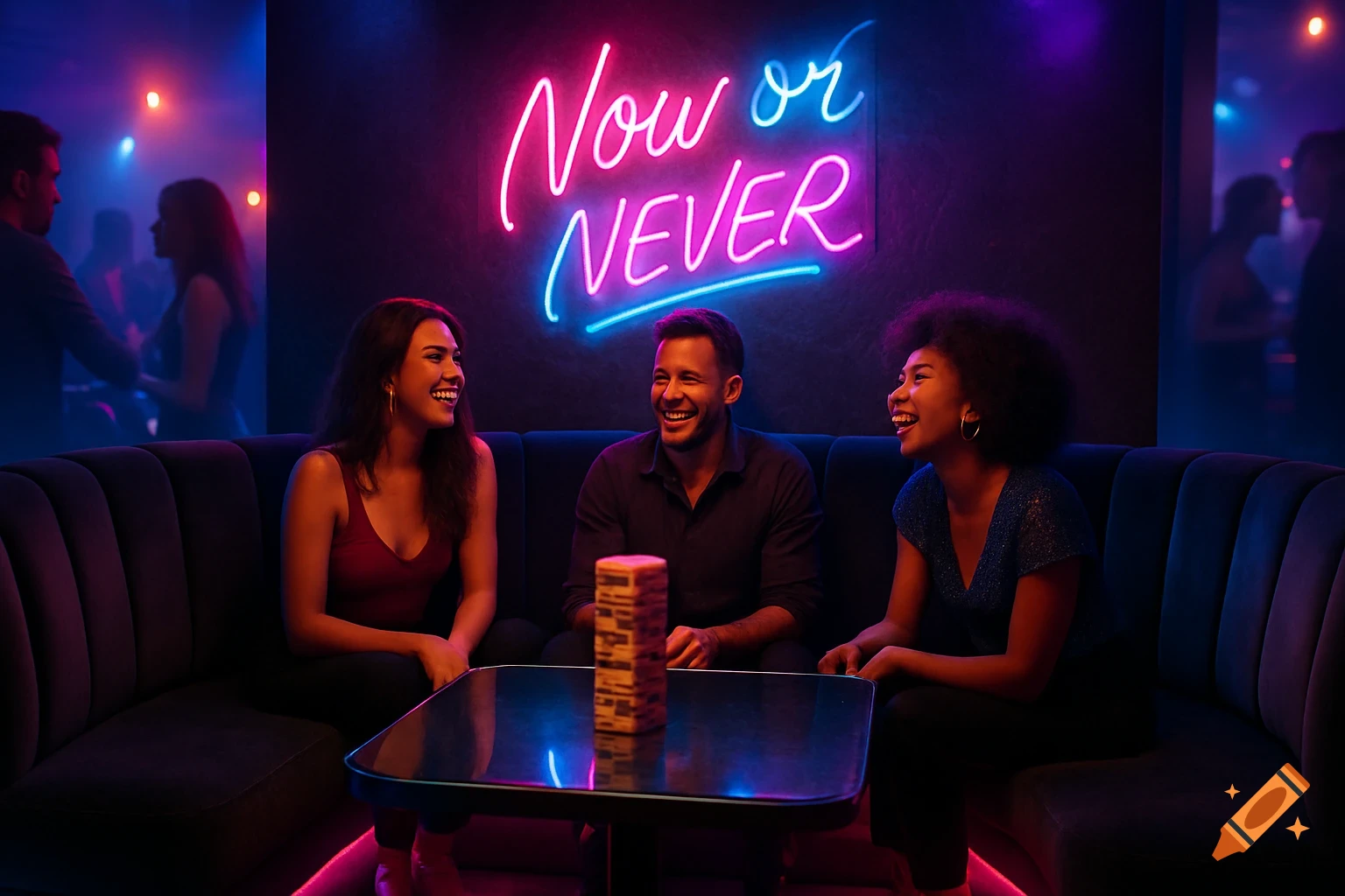 Three friends laughing and playing Jenga at a table in a dimly lit, stylish nightclub booth with a 'Now or Never' neon sign.