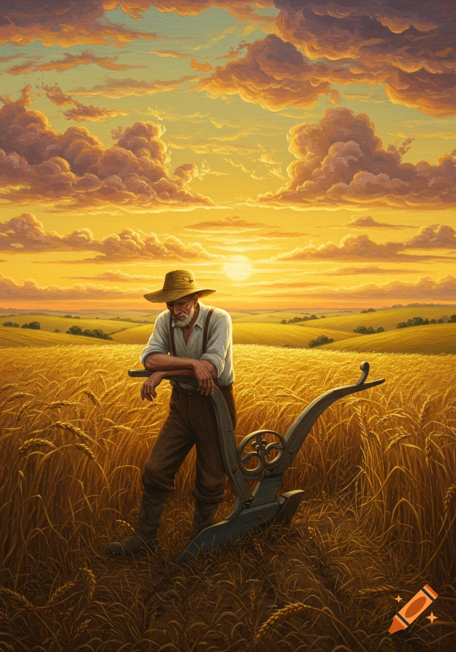 A farmer rests against his plow in a golden wheat field at sunset, painted in an oil surrealism style.
