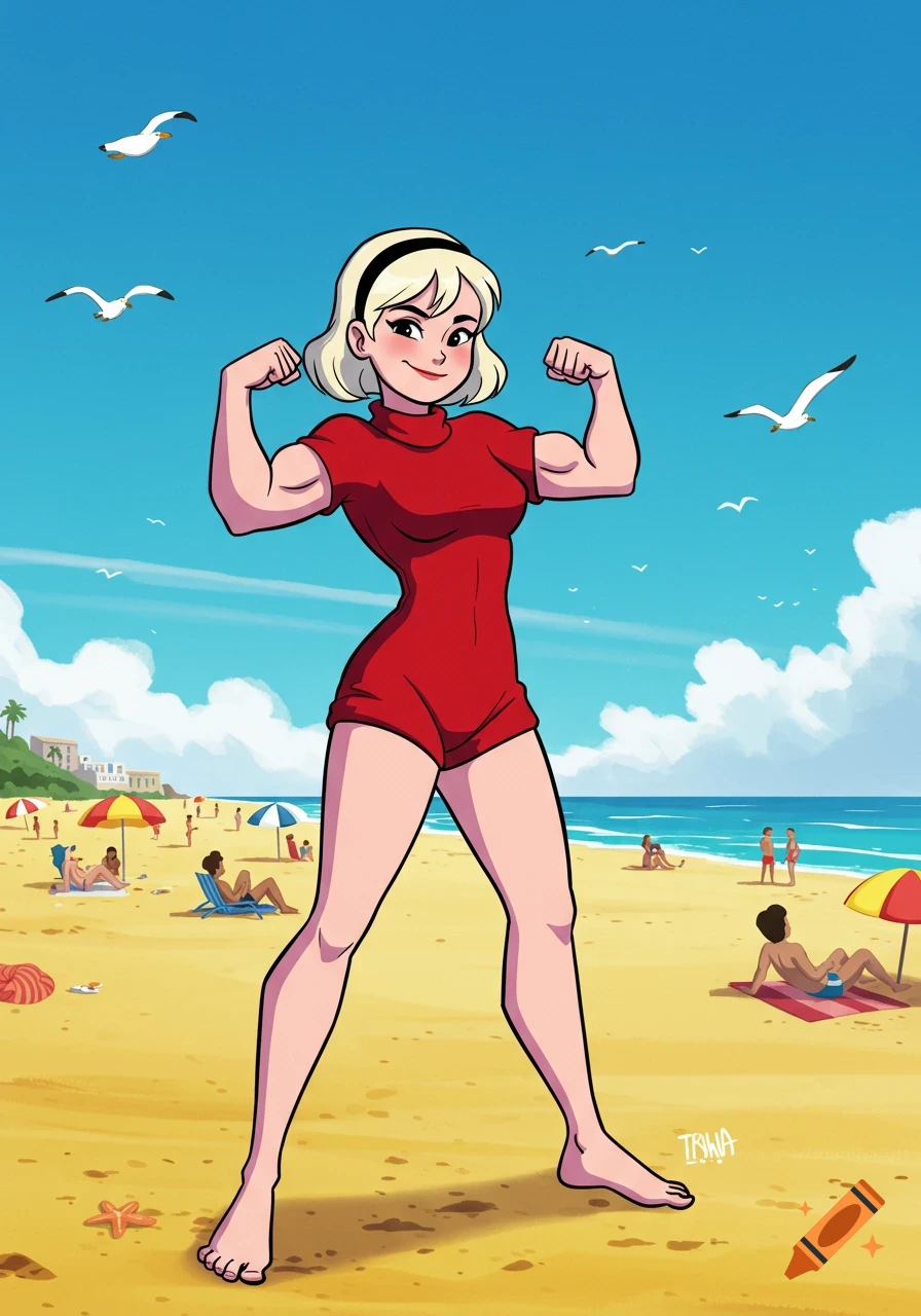 A strong cartoon girl with blonde hair in a red swimsuit flexes her muscles on a sunny beach.