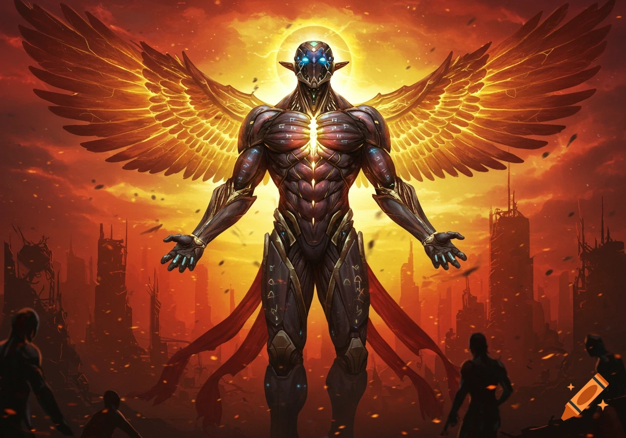 A powerful, armored, winged figure with glowing eyes and large golden wings stands in a destroyed cityscape under a fiery orange sky.
