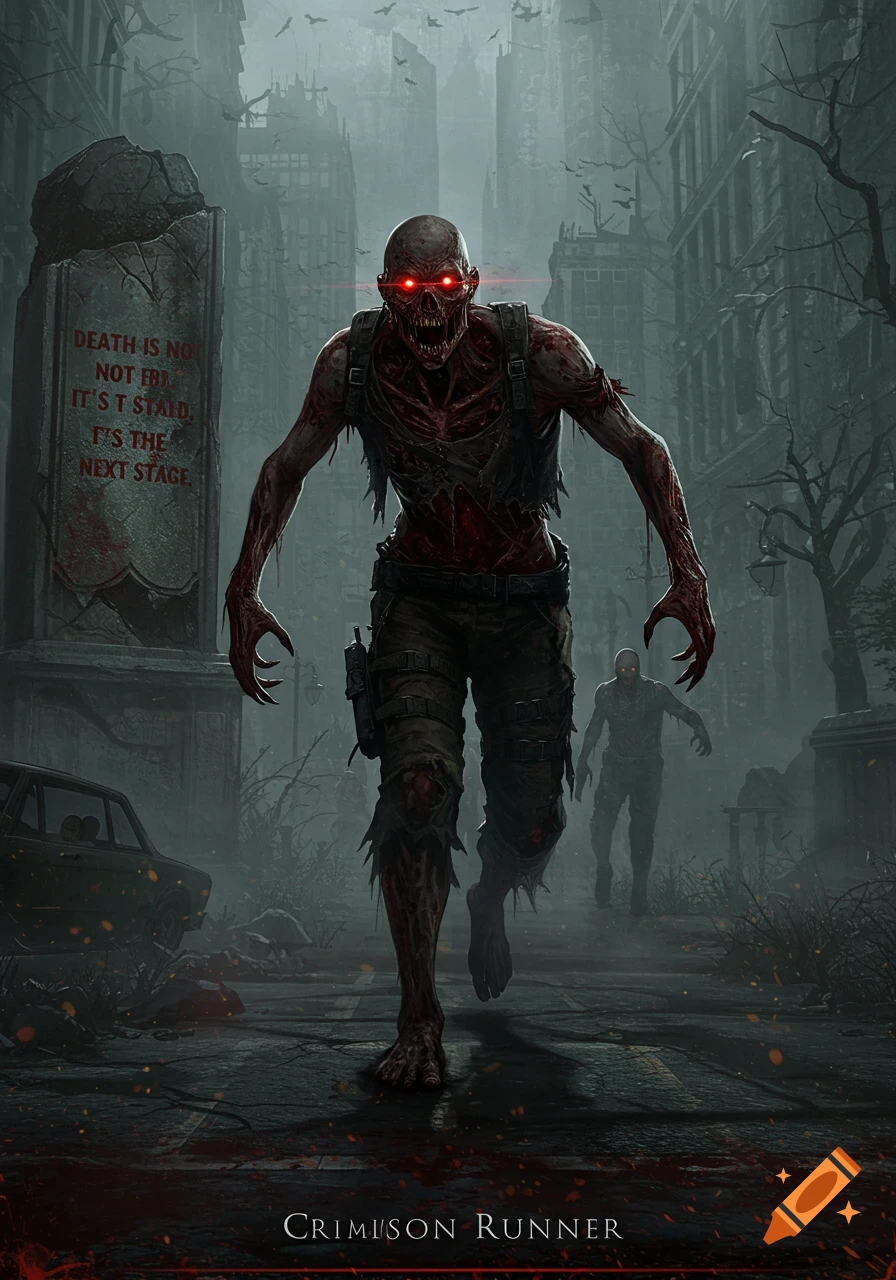 A grotesque zombie with glowing red eyes walks on a blood-stained street in a ruined, fog-shrouded city.