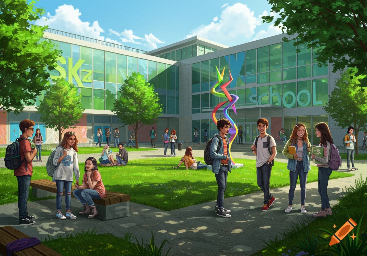 An outdoor scene of a modern school building with several students socializing on the grassy lawn and pathway. A colorful sculpture stands in front of the building.