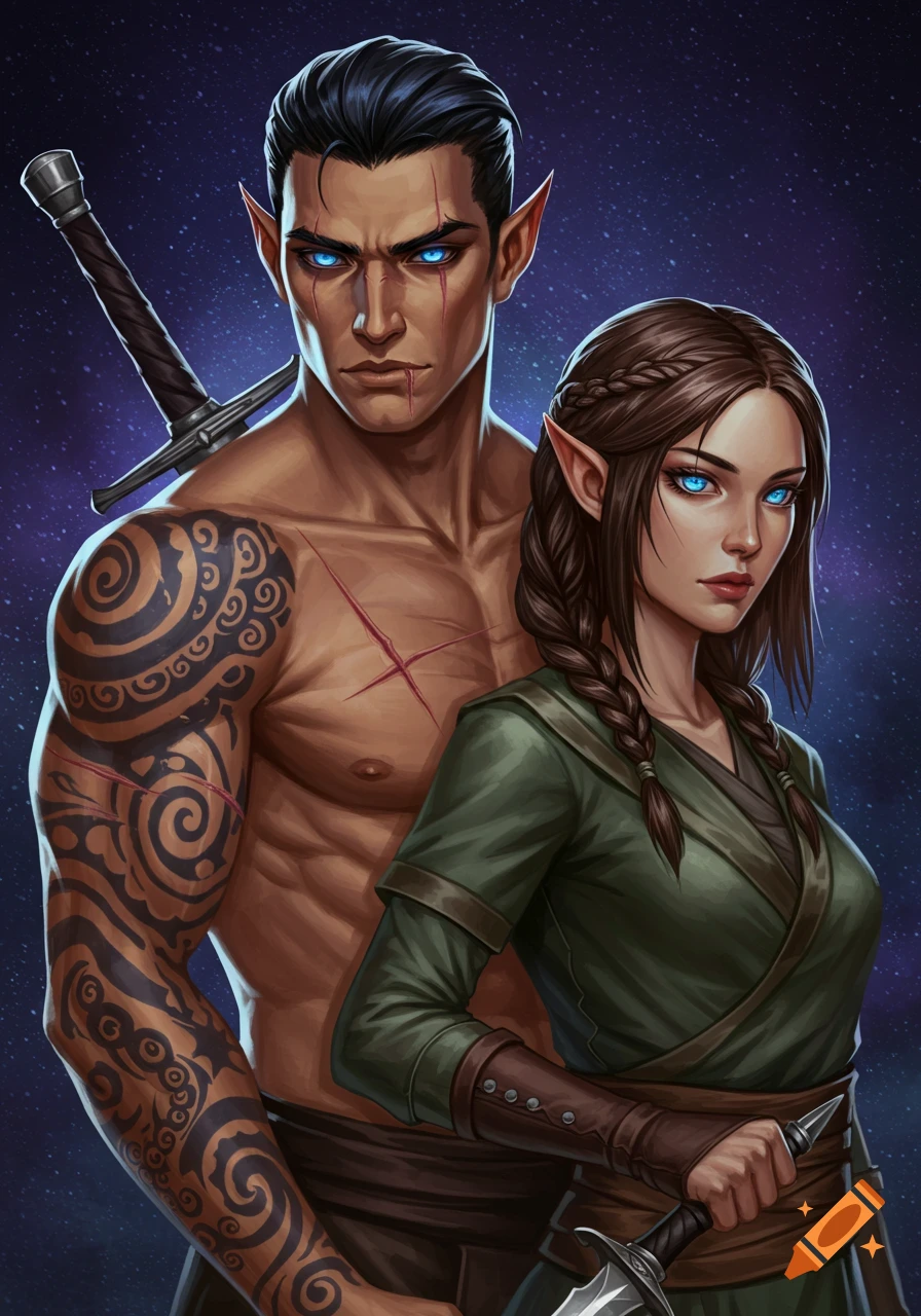 A fantasy portrait of a serious male elf with blue eyes, dark hair, scars, and intricate arm tattoos standing beside a female elf with blue eyes and braided brown hair, holding a dagger.