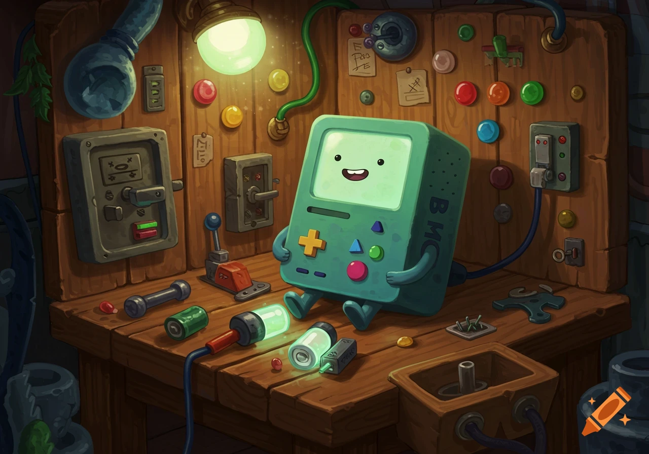 BMO from Adventure Time sits on a wooden workbench amidst spare parts, glowing batteries, and whimsical gadgets in a cozy, detailed digital painting.