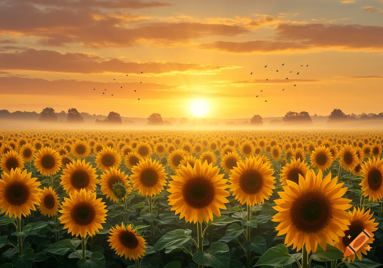 A vast field of bright yellow sunflowers at sunrise, with mist on the horizon and birds flying in the golden sky.