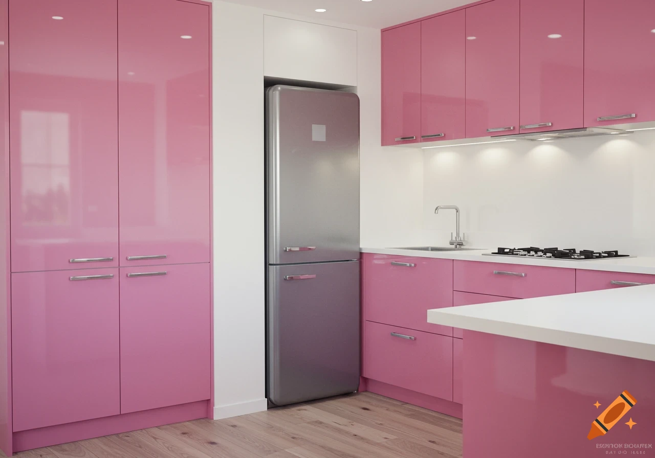 A modern kitchen with glossy pink cabinets, white countertops, and a tall gray retro-style refrigerator.