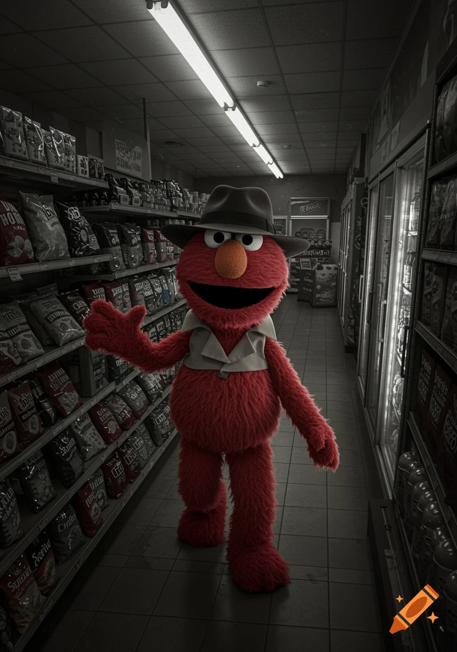 Elmo wearing a fedora and a vest walks down a dimly lit convenience store aisle, captured in a CCTV-style image.