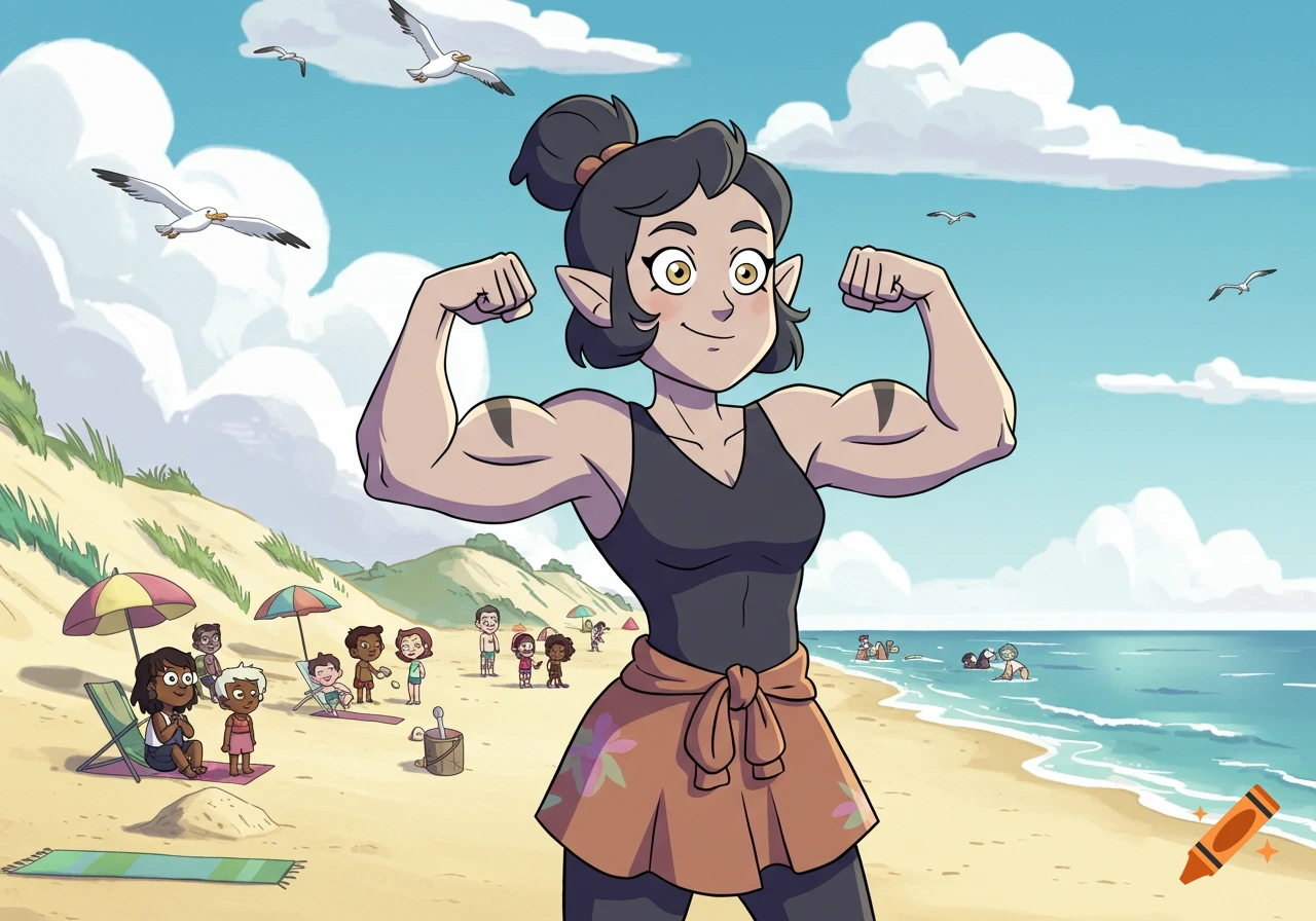 Willow's mom from The Owl House, a strong woman with pointy ears, flexes her muscles on a sunny beach, with other people enjoying the water and sand in the background.