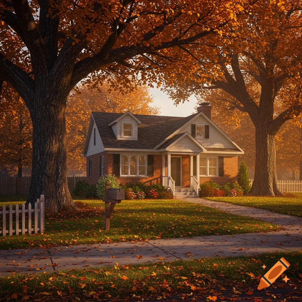 A charming house with a brick facade and white trim nestled between large trees with vibrant orange and red autumn leaves.