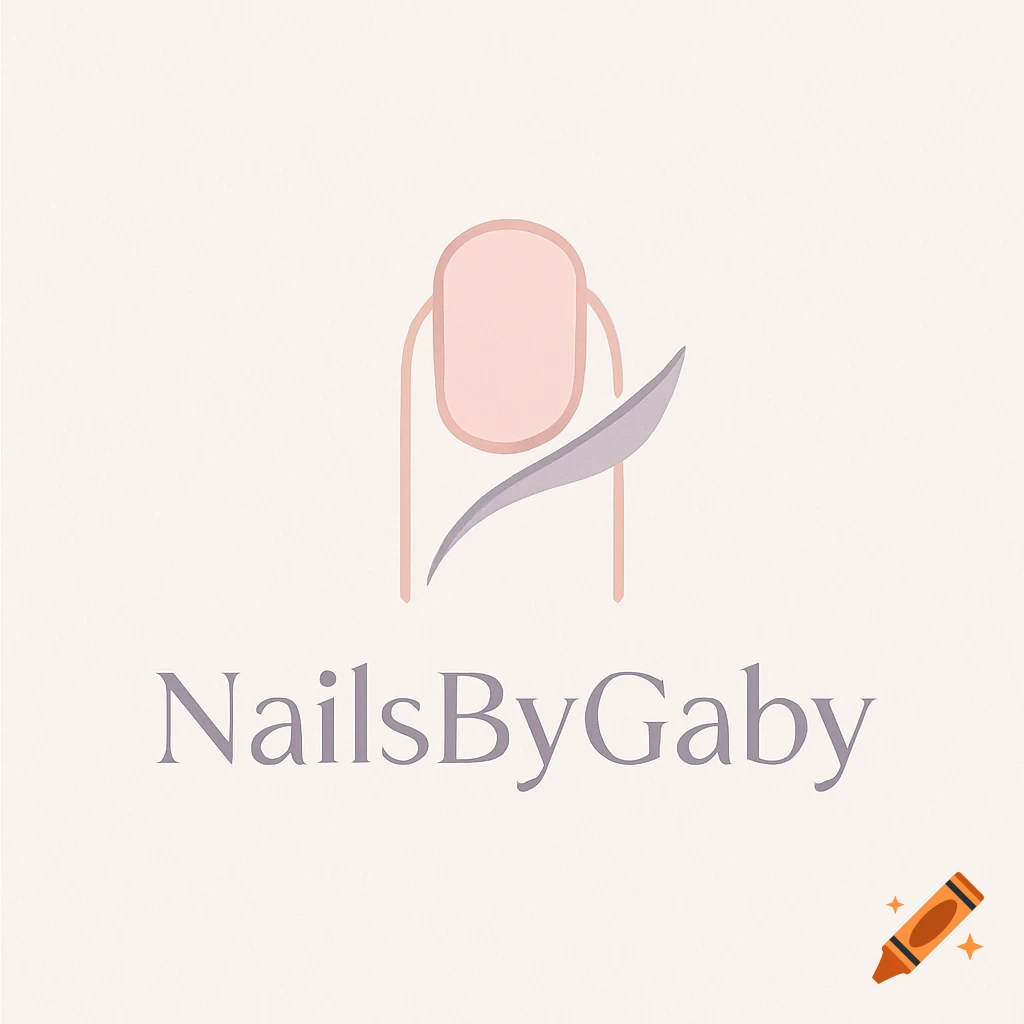 Minimalist logo for 'NailsByGaby' featuring a stylized pink fingernail and a grey tool on a light background.