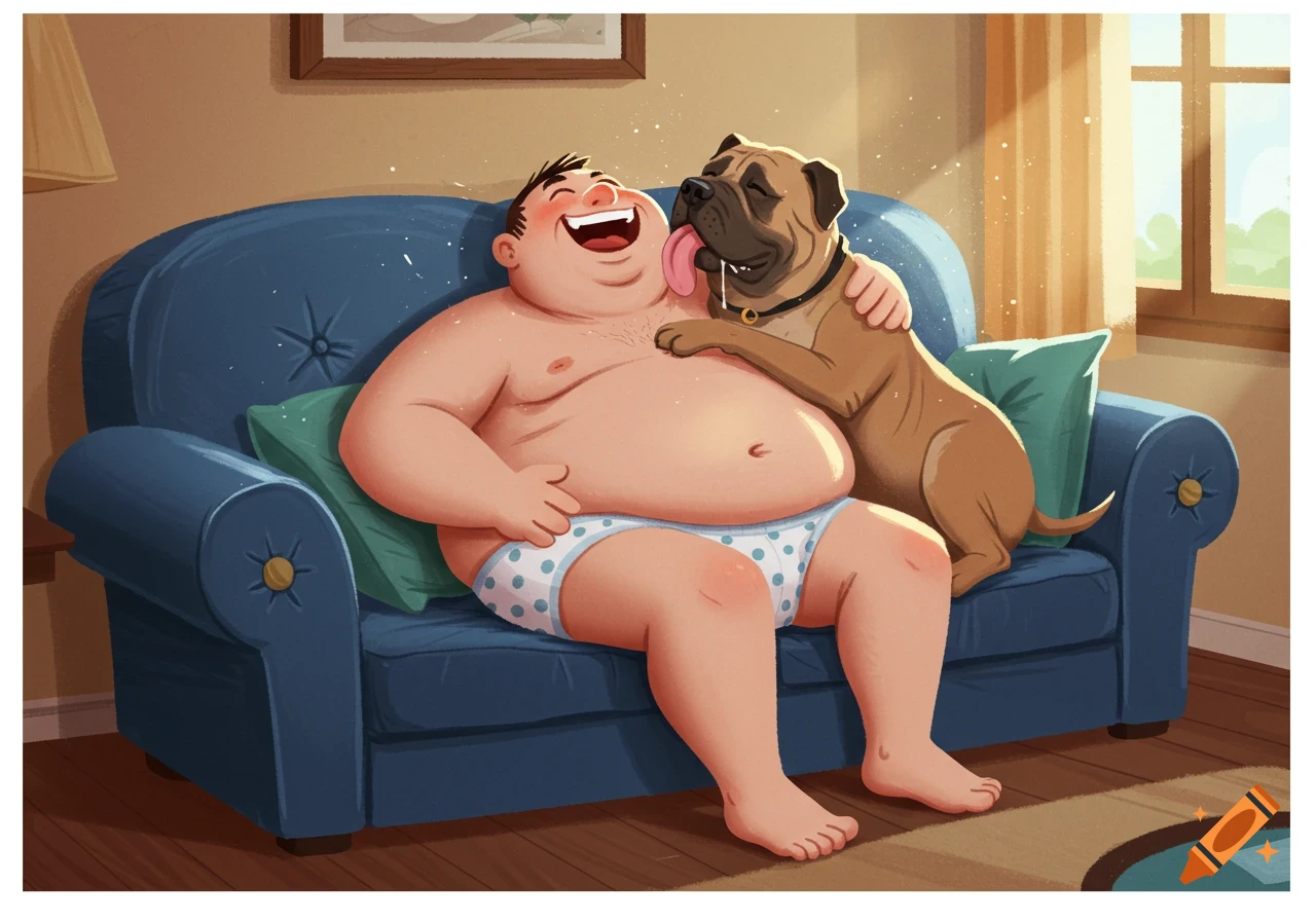 2D cartoon of a chubby man in polka dot undies laughing on a blue sofa as a Bullmastiff licks his face.