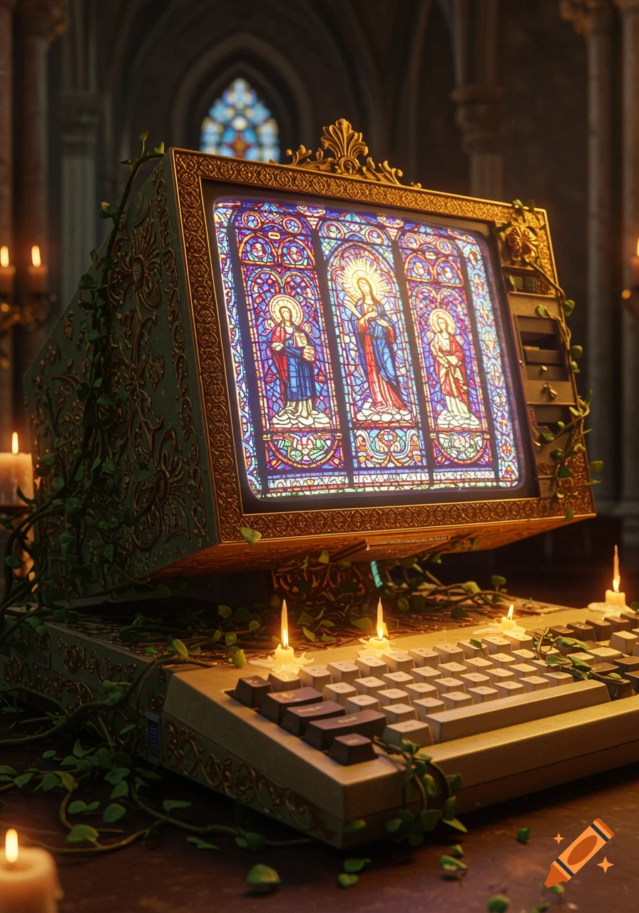 An ornate, vine-covered vintage computer with a stained-glass display showing religious figures, surrounded by candles in a church setting.