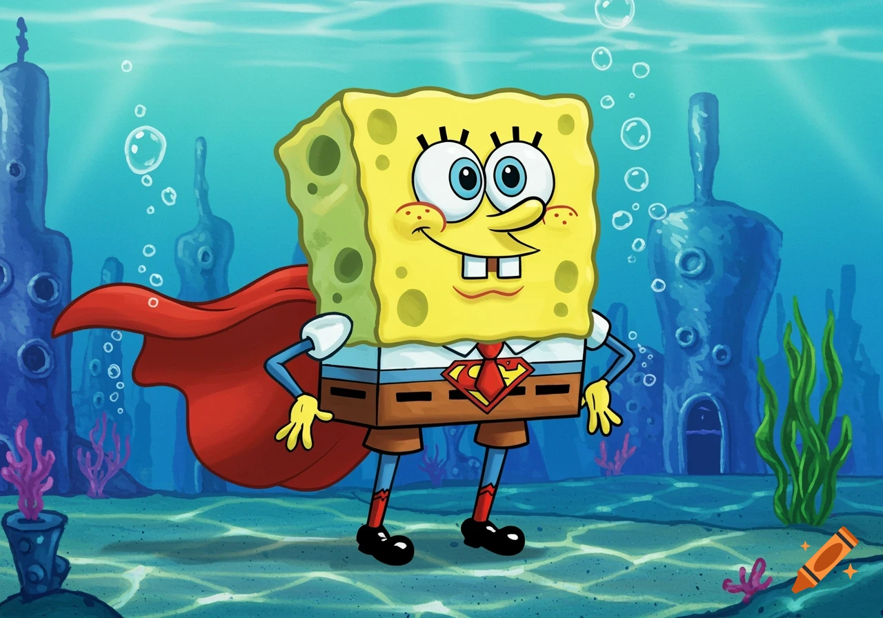 SpongeBob SquarePants dressed as Superman, wearing a red cape and the 'S' shield, smiling underwater with coral and structures in the background.