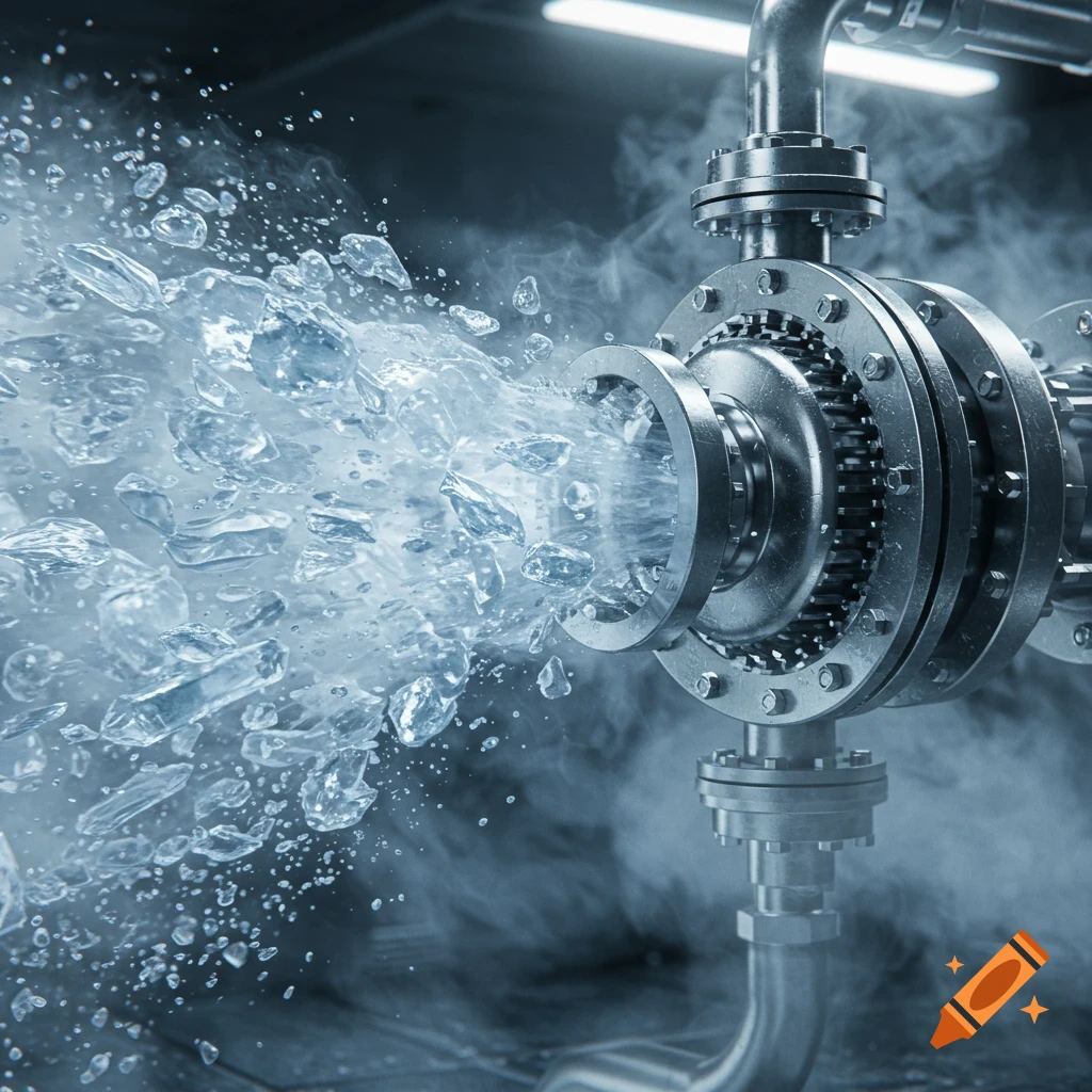 Photorealistic close-up of a metallic industrial valve with frozen water particles and steam blasting out.