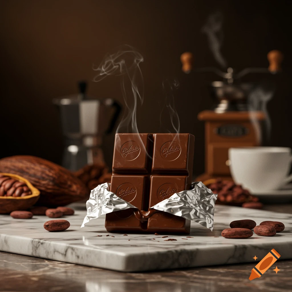 A steaming chocolate bar with foil on a marble surface, surrounded by cocoa beans, a cocoa pod, coffee grinder, moka pot, and cup in a photorealistic still life.