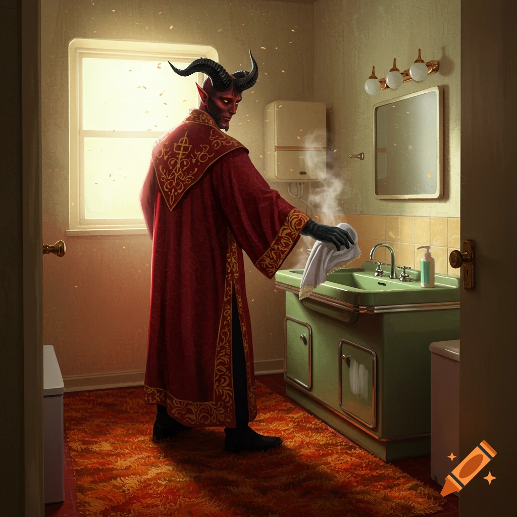 A red-skinned demon with horns in a red robe cleans a bathroom sink next to a bright window with shag carpeting.