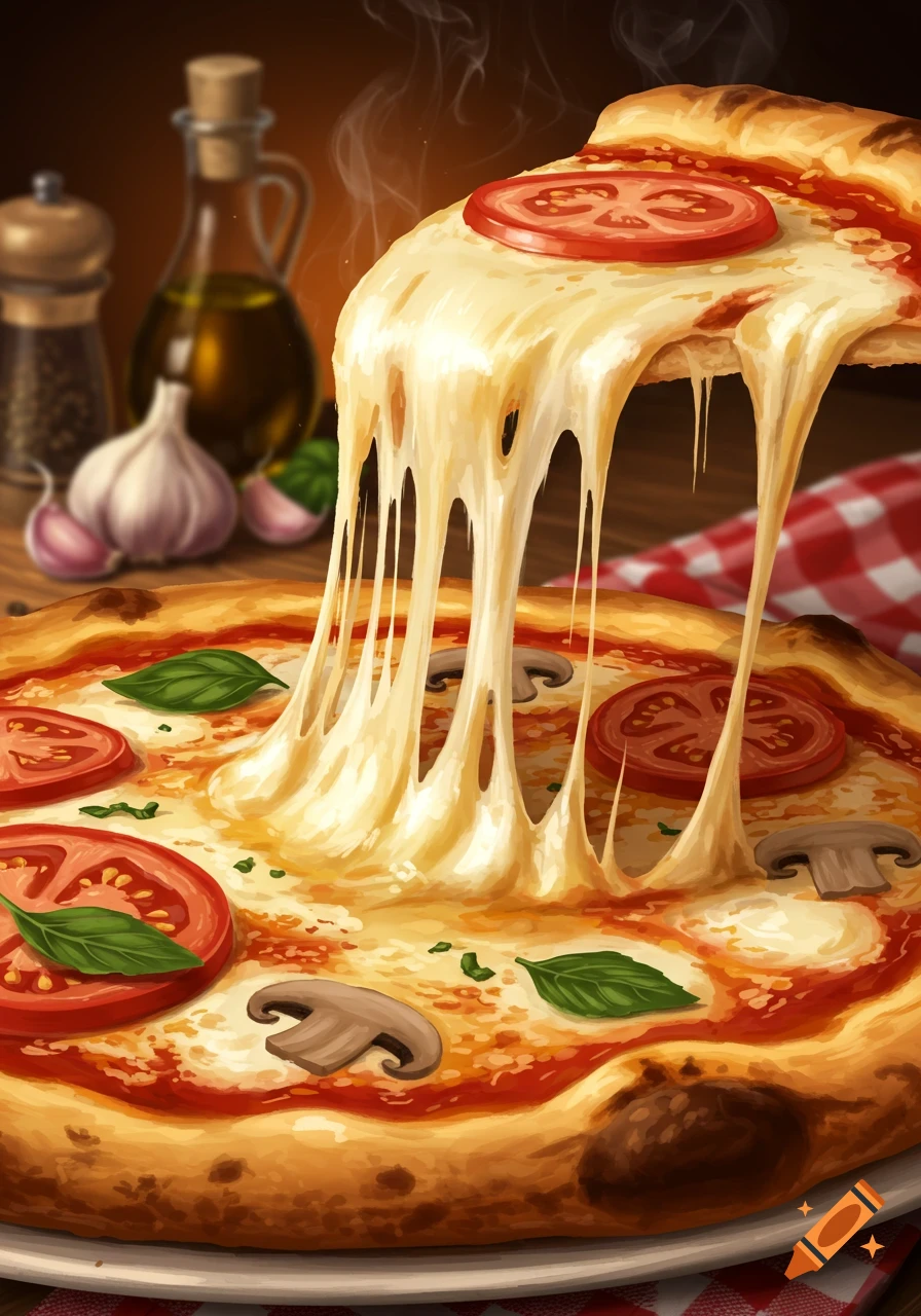 A hot slice of pizza with stretchy melted cheese being lifted from a whole pizza, topped with tomatoes, mushrooms, and basil. Garlic and olive oil bottles are in the background.
