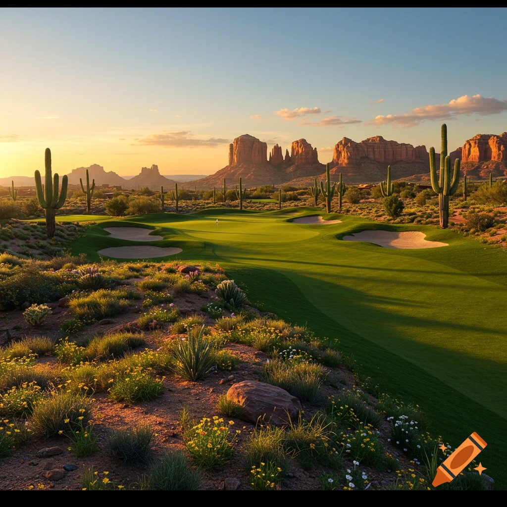 A photorealistic image of a golf course in the Arizona desert with saguaro cacti and red rock formations at sunset.