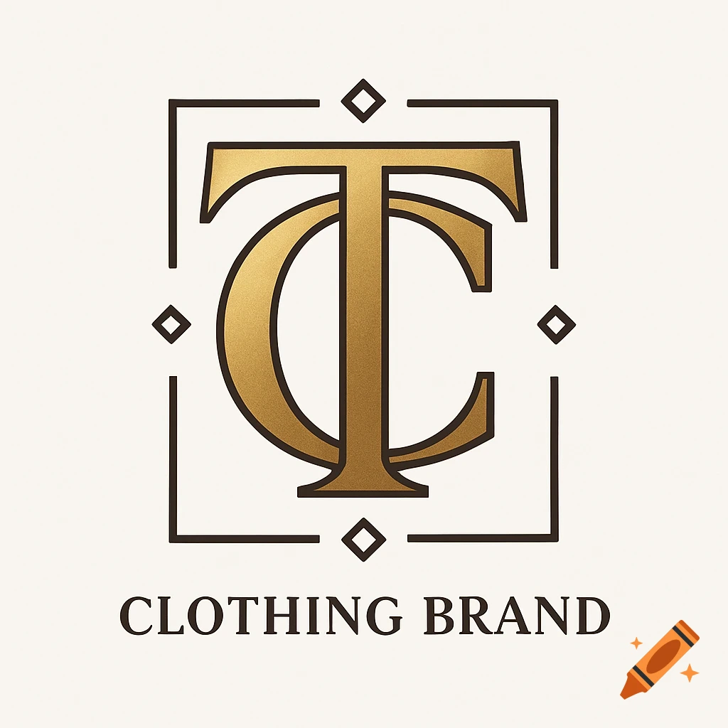 A luxurious logo featuring stylized gold letters 'TC' within an ornate square frame, with the text 'CLOTHING BRAND' below.